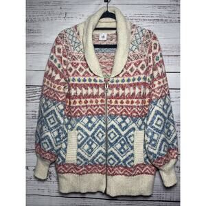 Cabi Highlands Fair Isle Cardigan Sweater Medium Rolled Collar Zip Norwegian